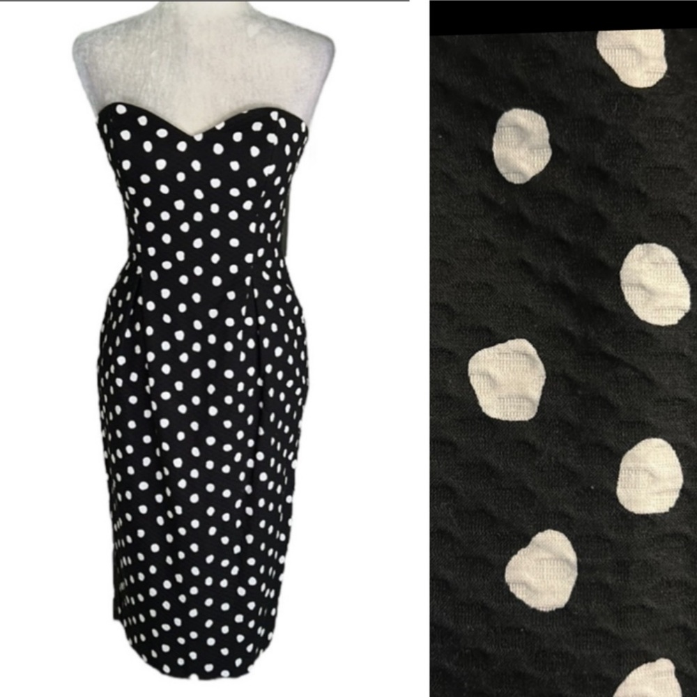 Lillie Rubin Vintage Strapless Black White Polka Dot Print Midi Pencil Dress  6